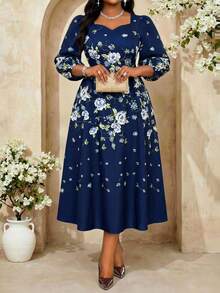 Fleurora Đầm dự tiệc cỡ lớn thanh lịch in hoa tay phồng - Nhiều màu - Xem 7