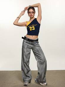 Rina Fox Women's Asymmetric Neck Letter Print Sleeveless Cropped Top - Royal Blue - View 7