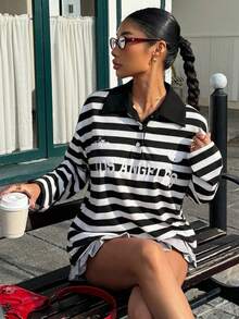 Muchica 女士休闲黑白条纹字母印花T恤，适合外出、返校、街头风、Y2K风格、春季穿着，条纹长袖，图案T恤 - 黑與白 - 查看 3