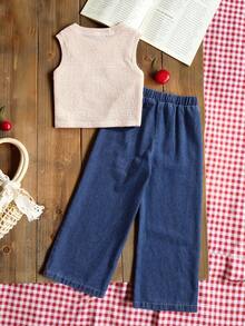 2pcs/Set Tween GirlsKnitted Strawberry Top & Embroidered Denim Pants, Suitable For Summer Wear - Beige - View 2