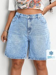 SHEIN EZwear Quần short denim thường ngày màu trơn cỡ lớn có túi, mùa hè - Rửa nhẹ - Xem 1