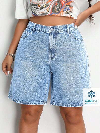 SHEIN EZwear 夏季大码纯色口袋休闲牛仔短裤