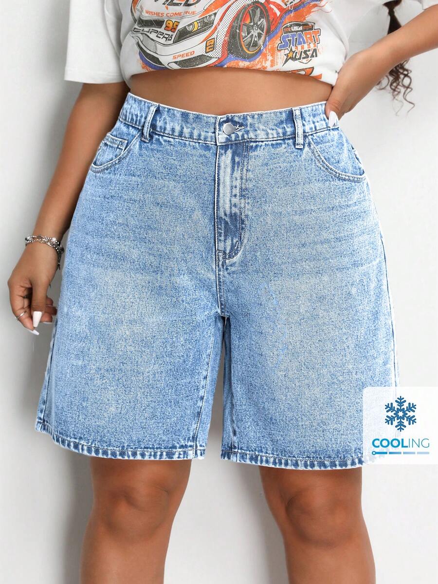SHEIN EZwear Quần short denim thường ngày màu trơn cỡ lớn có túi, mùa hè - Rửa nhẹ - Xem 1