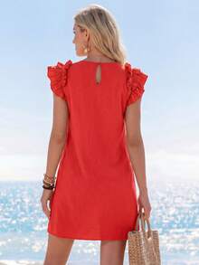 EMERY ROSE Holiday Woven Solid Color Ruffle Trim Decorated Mini Dress For Women - Red - View 2