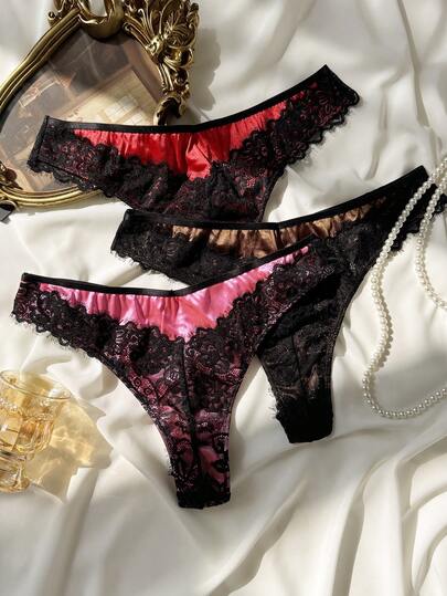 3pcs/Set Women's Fashion Comfortable Lace Trim Thong Panties