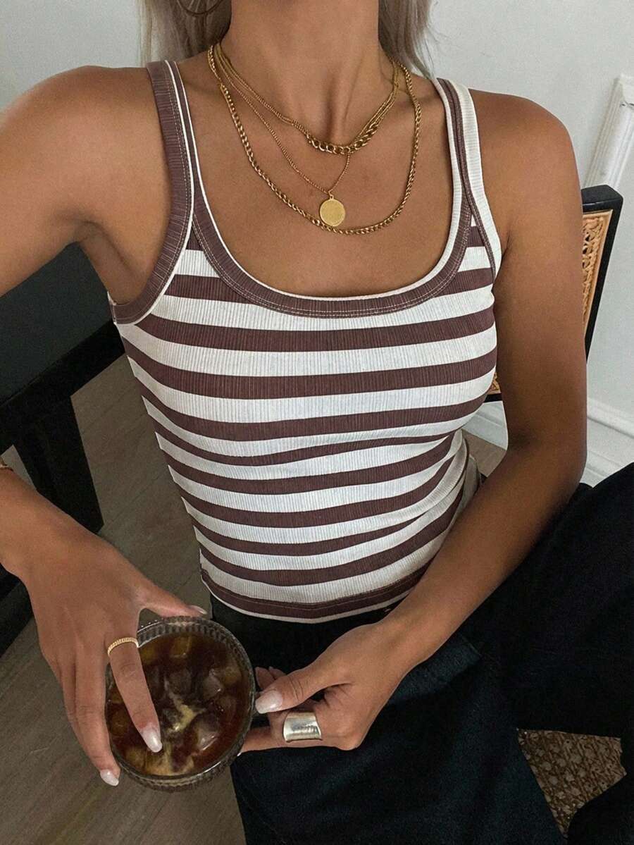 Livesso Áo tank top nữ công sở kẻ sọc mới cho lễ hội mùa hè - Cà phê nâu - Xem 1