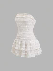 SHEIN Sweetro Váy ống ngắn màu trơn dệt kim có họa tiết - Màu be - Xem 3