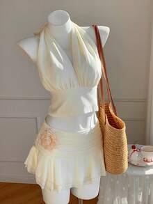 SHEIN EZwear 2 件套女士夏季褶皱露背上衣和迷你裙套装 - 杏色 - 查看 7