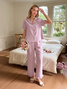 SHEIN Women's Romantic Ruffled Collar Loose Pajama Set - Purple - View 5