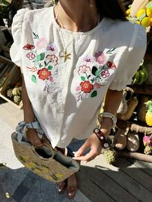 Serisse 女士彩色花卉刺绣短袖衬衫，刺绣花卉衬衫，夏季T恤，女士刺绣上衣，法式复古刺绣纽扣短袖上衣，甜美泡泡袖，清新艺术女装，波西米亚风衬衫，波西米亚西部风女装，女士西部风上衣，西部风夏季套装，夏季上衣，女士休闲衬衫，沙滩装，女士沙滩度假装，女士假日装，女士夏季套装，夏季服装 - 彩色 - 查看 4