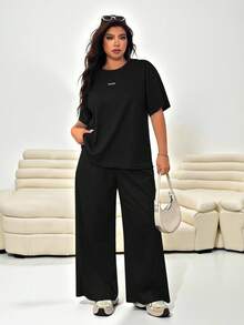 Solflare Bộ đồ mặc nhà 2 món thoải mái dành cho nữ Bộ áo phông cardigan dệt kim họa tiết cỡ lớn + quần ống rộng - màu đen - Xem 3