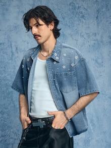 ROMWE MEN Grunge Punk 男士时尚珍珠装饰牛仔短袖上衣 - 棕色 - 查看 5