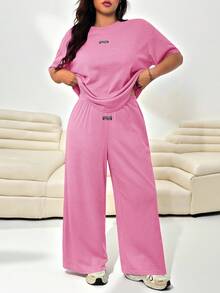 Solflare Conjunto informal de 2 piezas de cárdigan de punto texturizado talla grande + pantalones sueltos - Rosa Fucsia - Ver 1