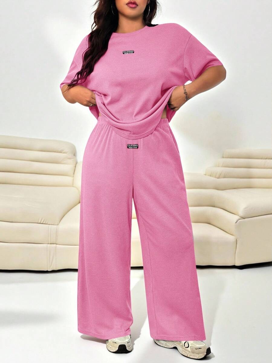 Solflare Conjunto informal de 2 piezas de cárdigan de punto texturizado talla grande + pantalones sueltos - Rosa Fucsia - Ver 1