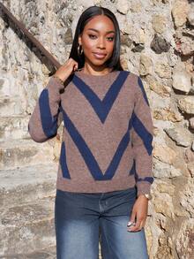 Yess Loren 2024 Autumn/Winter New Casual Polygon Striped Sweater Knit Pullover Fall Outfit - Multicolor - View 1