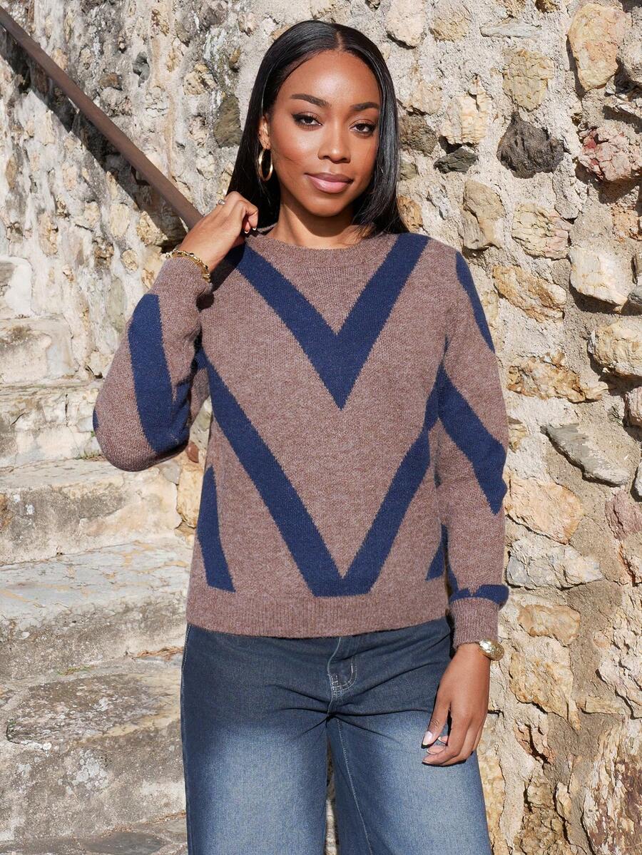 Yess Loren 2024 Autumn/Winter New Casual Polygon Striped Sweater Knit Pullover Fall Outfit - Multicolor - View 1