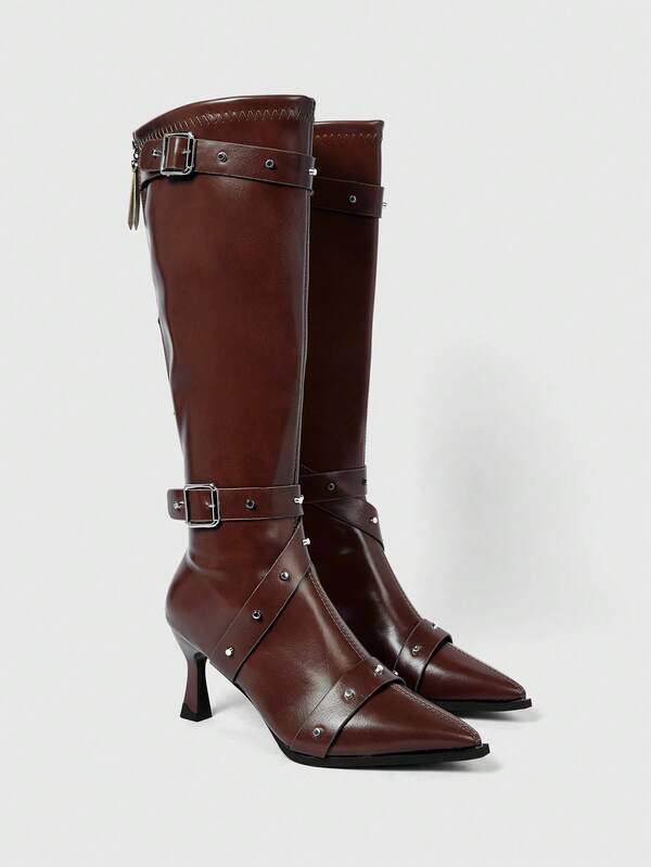 ROMWE Grunge Punk Women's Fashion Commuter Buckle Mid-Calf High Heel Boots