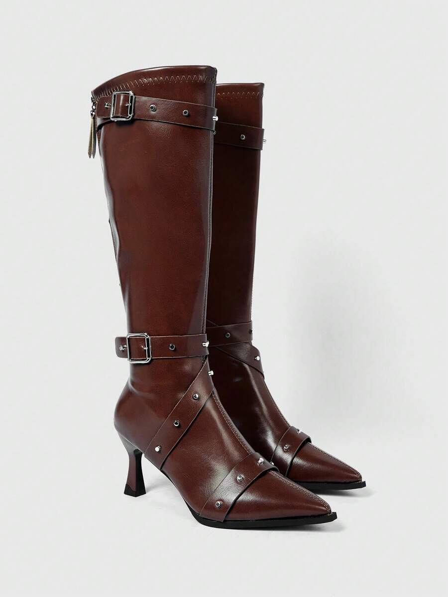 ROMWE Grunge Punk 女士时尚通勤搭扣中筒高跟靴 - 棕色 - 查看 1