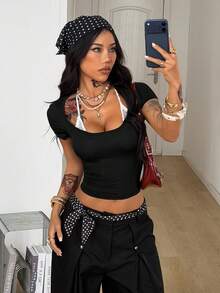 Coolane 女士春季音乐会穿搭街头风 Y2K 时尚休闲蕾丝拼接露背方领短款抹胸T恤 - 黑與白 - 查看 3