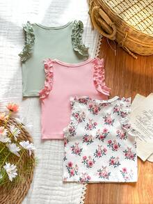 SHEIN Vintaside Kids 3件套女童夏季休闲可爱甜美舒适弹力上衣，包括纯粉色、杏色和条纹荷叶边袖背心，适合居家、度假和日常穿着。 - 彩色 - 查看 2