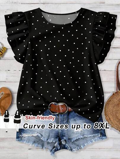 SHEIN CURVE+ Áo nữ cỡ lớn kiểu dáng thường ngày, thoải mái, cổ chữ V, tay ngắn, họa tiết chấm bi đen trắng, dáng rộng, thích hợp mặc đi nghỉ mát, mùa hè, du lịch.