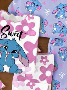 SHEIN LMoss Kids 少女可爱卡通蓝色兔子图案芭蕾舞风格睡衣套装，渐变花卉印花，粉色蝴蝶结印花，长袖长裤多件套，适合夏季、秋季、冬季休闲校园运动风、户外野餐、郊游、街头风、居家、上学等场合。 - 彩色 - 查看 5