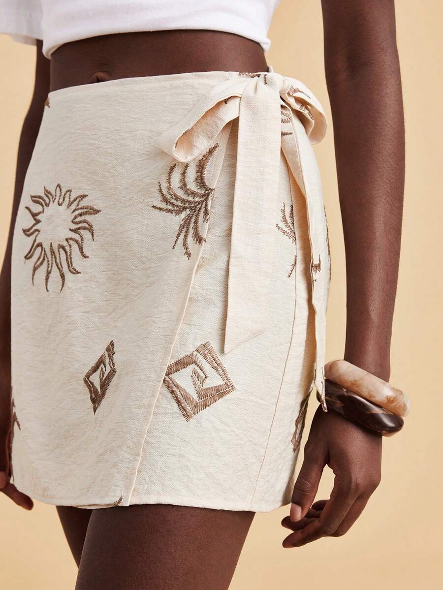 Travachic Vacation Casual Embroidered Tie-Up Wrap Skirt - Apricot - View 1
