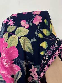 SHEIN TRVLCHIC Plus Size Women's Tropical Plant Print Long Sleeve Dress, Suitable For Holiday/Resort Wear, Autumn/Winter - Royal Blue - View 7