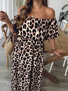 SHEIN VCAY Plus Size Women's Leopard Print Off Shoulder Ruffle Waist A-Line Maxi Dress With Side Slit, Tropical Romantic Casual Western Maxi Dress - Apricot - View 5