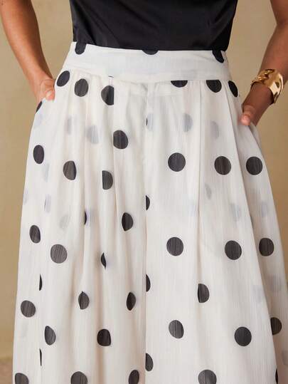 Aveloria Rosie Random Black & White Polka Dot Print Mid-Waist Loose Pants, Refreshing Casual Style, Comfortable Tencel-Like Fabric, Suitable For Daily Commute And Weekend Outings