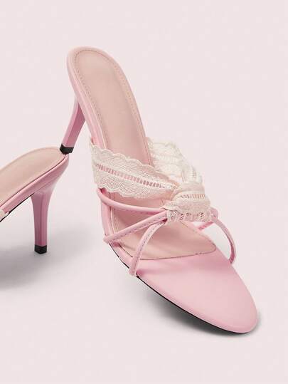 CUCCOO DOLLMOD Women's Cute Sweet Lace Bow Tie Pink Stripe High Heel Open Toe Sandals
