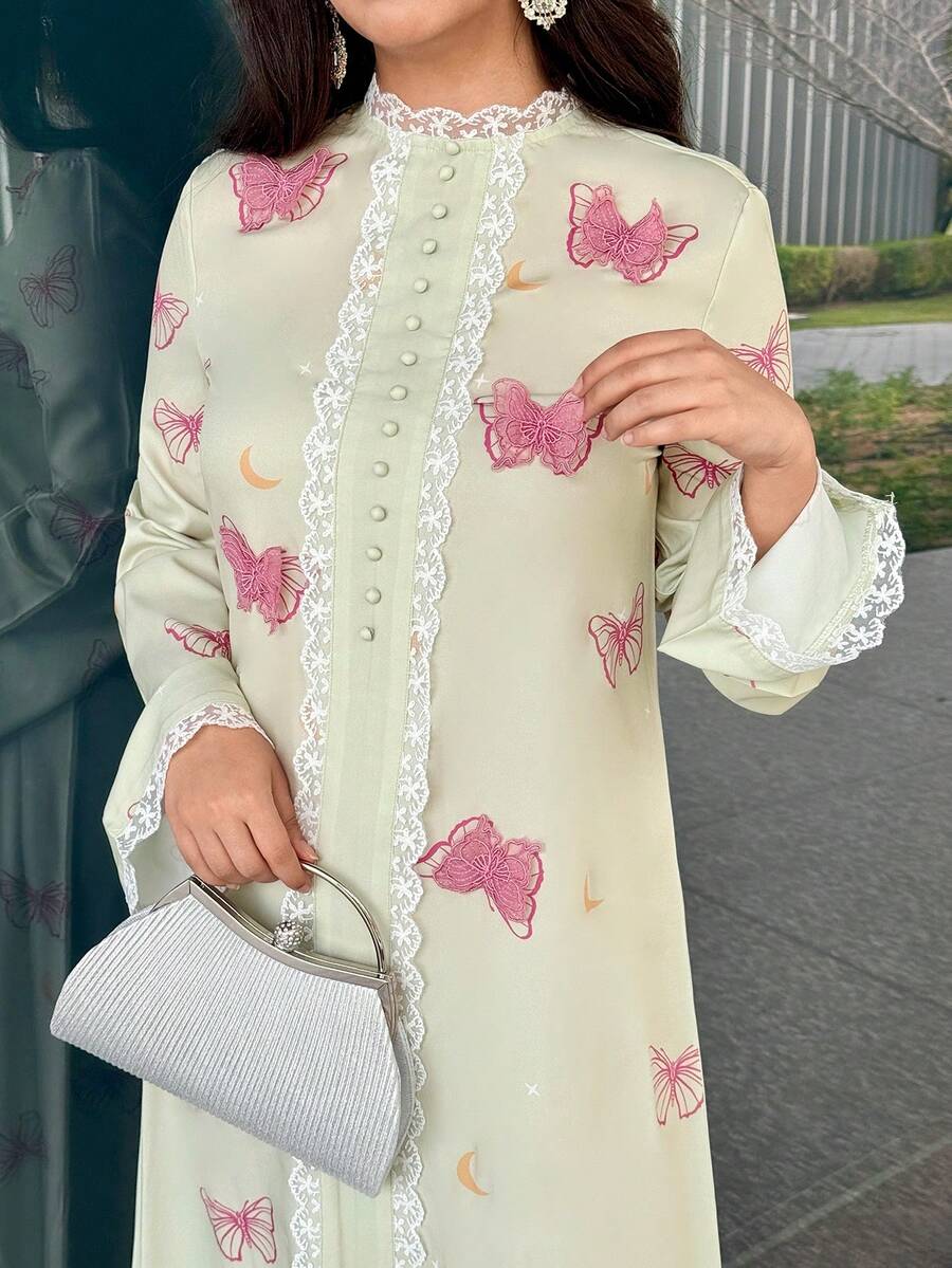 Al Najma 女士优雅长袖蕾丝拼接阿拉伯连衣裙，饰有蝴蝶贴花 - 彩色 - 查看 1