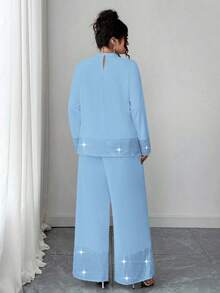 Elenzga Bộ đồ 2 món màu đen đính hạt thanh lịch dành cho người có vóc dáng lớn - Màu xanh lam - Xem 2