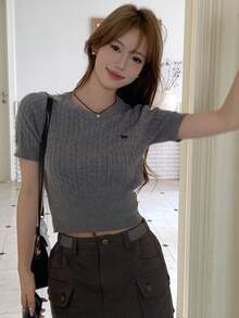 DAZY Letter Embroidery Cable Knit Top - Grey - View 5