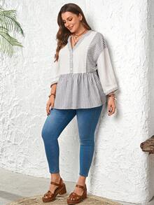 EMERY ROSE Blusa de mujer talla grande con rayas y patchwork, manga 3/4, blanca estilo boho para otoño y vacaciones, túnica casual, blusa elegante de negocios con volantes para verano - Multicolor - Ver 4
