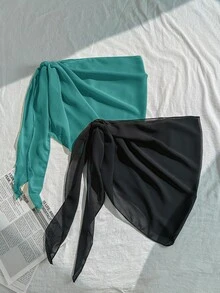 Swim Basics 2pcs/Set Women 2026 Vacation Solid Color Coverup & Mini Skirt - Green - View 4