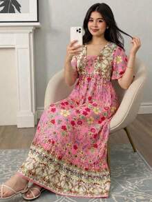 SHEIN Teen Girl Elegant Square Neck Vacation Style Dress,Kids - Multicolor - View 5