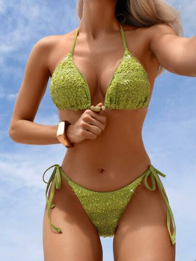 Swim Mod New Sequin Green Bikini Swimsuit For Women, Sexy Sunlight Beach Vacation Date Swimwear, Spring/Summer