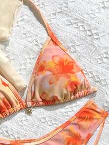 SHEIN Bộ bikini 3 món mùa hè cho bé gái và thiếu niên, áo thun in hoa màu cam và đồ bơi, thích hợp cho bãi biển và kỳ nghỉ theo phong cách Bohemian. - Nhiều màu - Xem 4