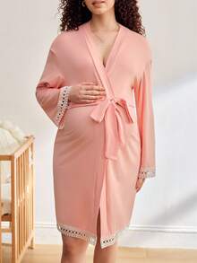 BloomMama Maternity Lace Sleeve & Tie Waist Robe - Dusty Pink - View 3