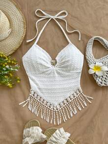 Soleia Áo hai dây cổ yếm màu trơn dành cho nữ, có đính cườm và tua rua ở gấu áo, thích hợp cho kỳ nghỉ. - trắng - Xem 4