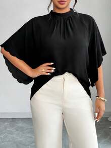 Elenzga Blusa holgada con cuello redondo, mangas fruncidas y bajo ondulado para mujer talla grande, primavera/verano - Negro - Ver 3
