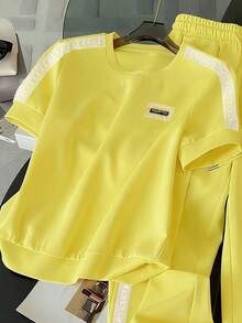 Resyla 女士休闲短袖上衣和裤子两件套，夏季 - 黃色 - 查看 5