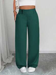 SHEIN PETITE CURVE Celana Panjang Wanita Ukuran Besar Warna Polos dengan Kancing Pinggang, Saku, dan Potongan Lebar - Dark Green - View 4