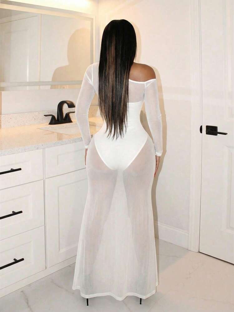 SHEIN BamGlam The New Style Sexy Off-Shoulder Sheer Transparent Women's Fish Tail Dress Long Dress, Exudes A Sense Of Sexiness And Allure. It Is Suitable For Nightclubs, Dates, And Is Also A Great Choice For Couples' Meetings And Casual Wear. - White - View 2