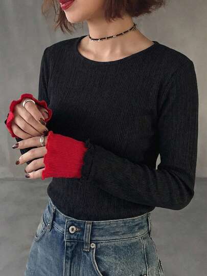 FRIFUL Women's Contrast Color Round Neck Long Sleeve Sheer Lace Fabric Layered Casual Versatile Top, Autumn/Winter