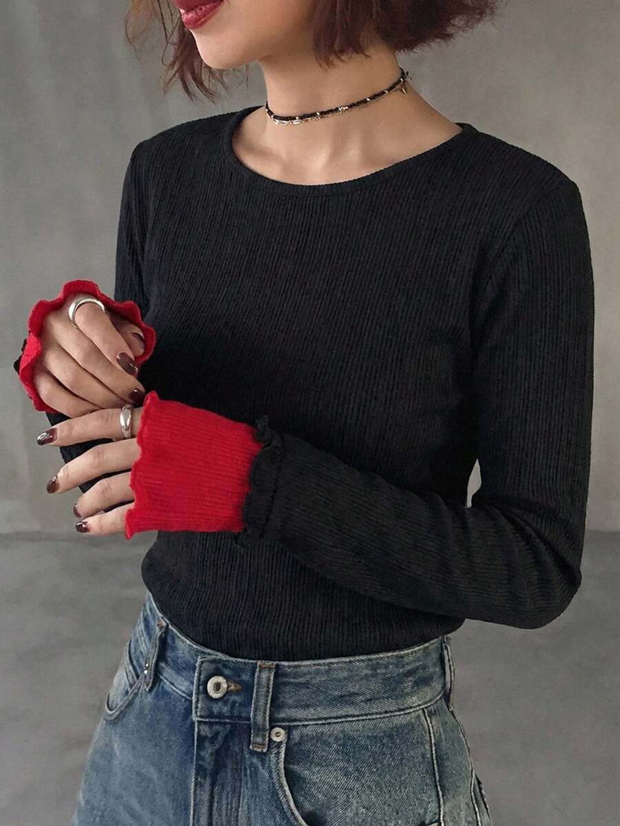 FRIFUL 女士撞色圆领长袖薄纱蕾丝叠层休闲百搭上衣,秋冬款 - 黑色 - 查看 1