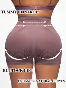 SHEIN 1件装女士加大码纯色无缝高腰塑身内裤收腰提臀平腹提臀塑身短裤 - 紫色 - 查看 3