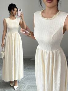 Elenzga Women's Elegant Sleeveless Midi Dress With Pearl Decor, Suitable For Summer Outings, Dates, New Year, Valentine's Day, Easter, Mother's Day, Music Festivals, Middle Eastern Weddings, Casual, Commute, Romantic, Vacation, Apricot Color White Pearl Dress Ivory Dress White Vintage Dress Summer Elegant Dress Cream Dress - Apricot - View 1