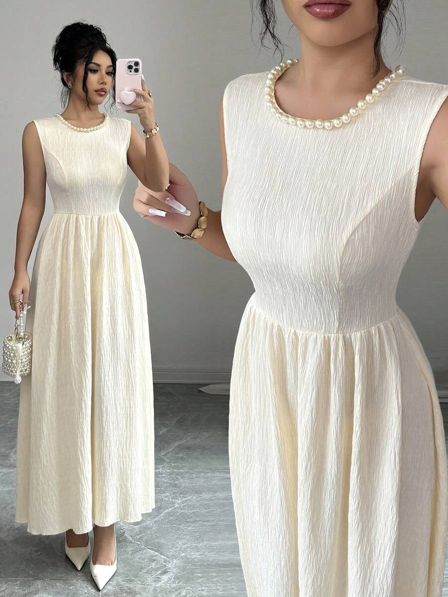 Elenzga Women's Elegant Sleeveless Midi Dress With Pearl Decor, Suitable For Summer Outings, Dates, New Year, Valentine's Day, Easter, Mother's Day, Music Festivals, Middle Eastern Weddings, Casual, Commute, Romantic, Vacation, Apricot Color White Pearl Dress Ivory Dress White Vintage Dress Summer Elegant Dress Cream Dress - Apricot - View 1